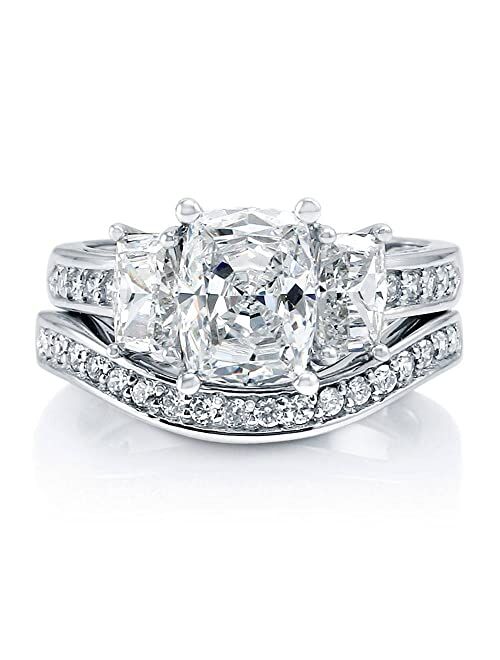 BERRICLE Sterling Silver 3-Stone Wedding Engagement Rings Cushion Cut Cubic Zirconia CZ Anniversary Ring Set for Women, Rhodium Plated Size 4-10