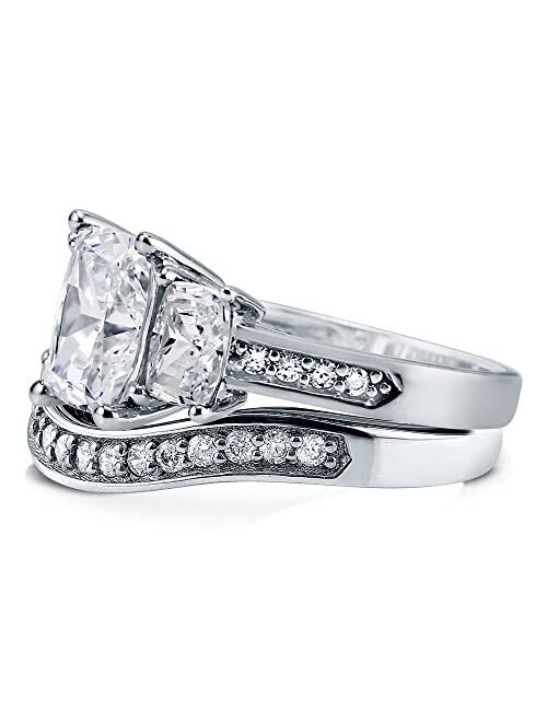 BERRICLE Sterling Silver 3-Stone Wedding Engagement Rings Cushion Cut Cubic Zirconia CZ Anniversary Ring Set for Women, Rhodium Plated Size 4-10