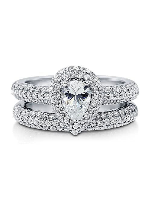 BERRICLE Sterling Silver Halo Wedding Engagement Rings Pear Cut Cubic Zirconia CZ Ring Set for Women, Rhodium Plated Size 4-10