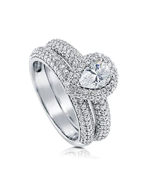 BERRICLE Sterling Silver Halo Wedding Engagement Rings Pear Cut Cubic Zirconia CZ Ring Set for Women, Rhodium Plated Size 4-10