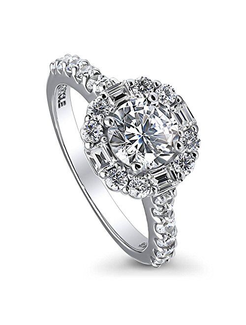 BERRICLE Sterling Silver Halo Wedding Engagement Rings Round Cubic Zirconia CZ Art Deco Ring for Women, Rhodium Plated Size 4-10