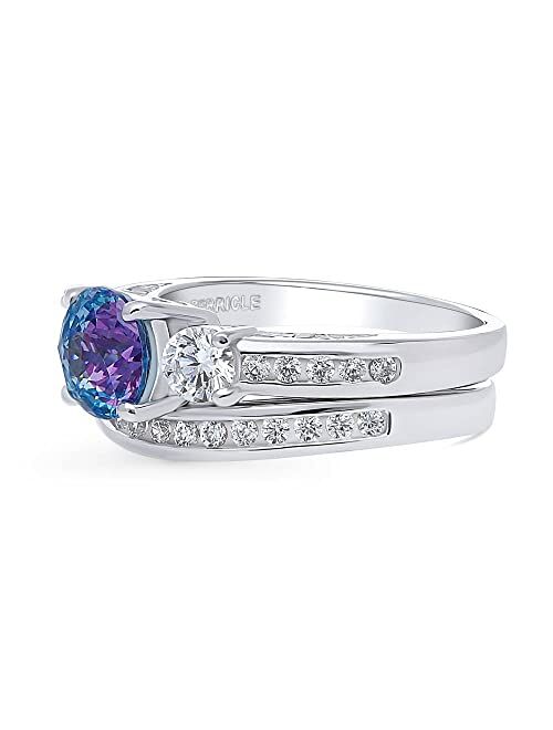 BERRICLE Sterling Silver 3-Stone Wedding Engagement Rings Purple Aqua Round Cubic Zirconia CZ Kaleidoscope Ring Set for Women, Rhodium Plated Size 4-10