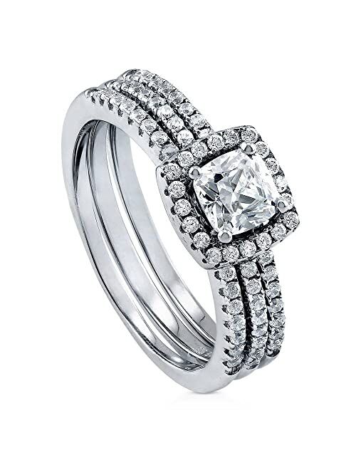 BERRICLE Sterling Silver Halo Wedding Engagement Rings Cushion Cut Cubic Zirconia CZ Ring Set for Women, Rhodium Plated Size 4-10