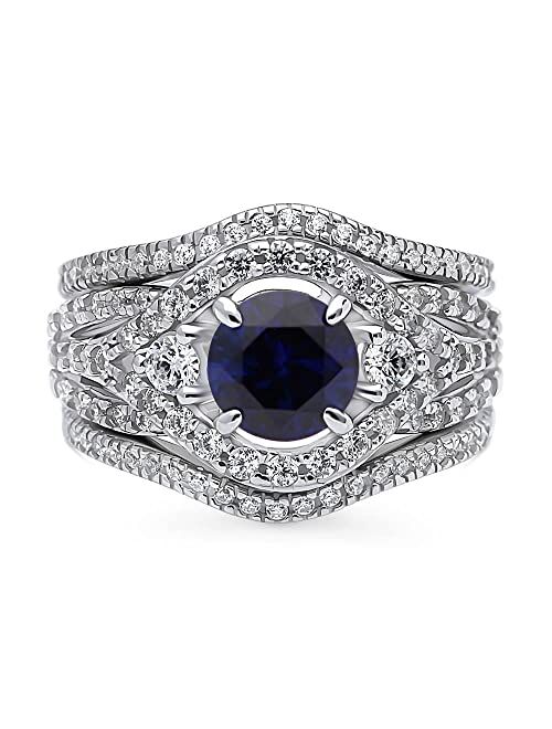 BERRICLE Sterling Silver 3-Stone Wedding Engagement Rings Simulated Blue Sapphire Round Cubic Zirconia CZ Halo Ring Set for Women, Rhodium Plated Size 4-10