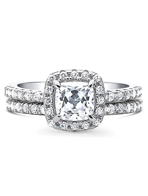 BERRICLE Sterling Silver Halo Wedding Engagement Rings Cushion Cut Cubic Zirconia CZ Ring Set for Women, Rhodium Plated Size 4-10