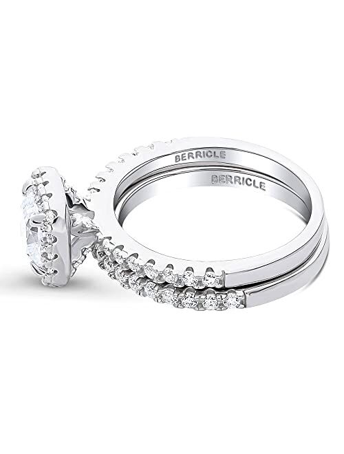 BERRICLE Sterling Silver Halo Wedding Engagement Rings Cushion Cut Cubic Zirconia CZ Ring Set for Women, Rhodium Plated Size 4-10