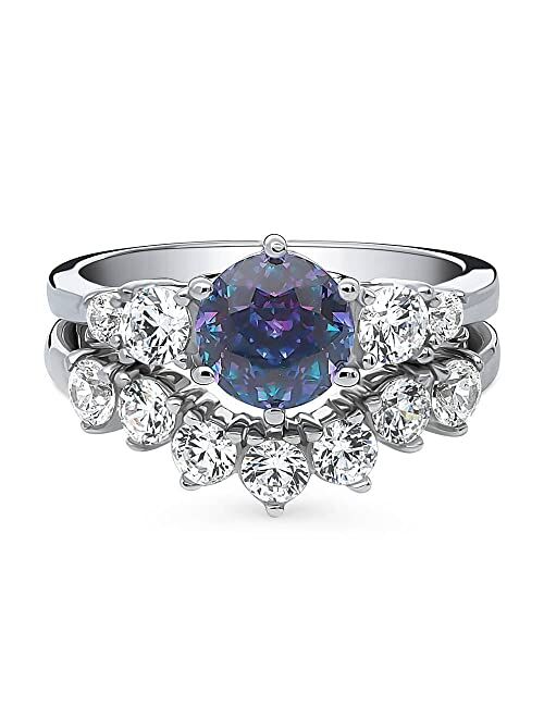 BERRICLE Sterling Silver Kaleidoscope Wedding Engagement Rings Purple Aqua Cubic Zirconia CZ Solitaire Ring Set for Women, Rhodium Plated Size 4-10