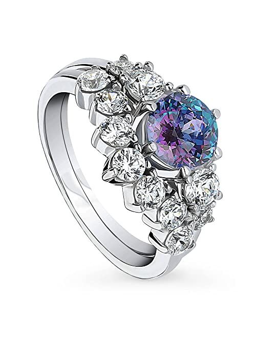 BERRICLE Sterling Silver Kaleidoscope Wedding Engagement Rings Purple Aqua Cubic Zirconia CZ Solitaire Ring Set for Women, Rhodium Plated Size 4-10