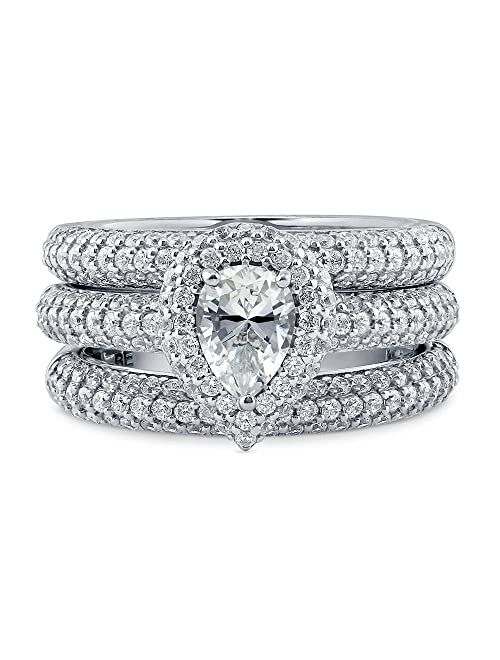 BERRICLE Sterling Silver Halo Wedding Engagement Rings Pear Cut Cubic Zirconia CZ Statement Ring Set for Women, Rhodium Plated Size 4-10