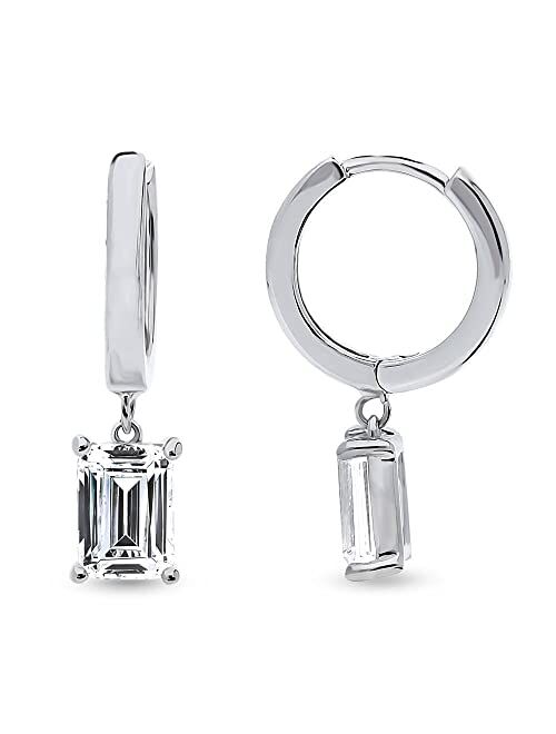 BERRICLE Sterling Silver Solitaire 2 Carat Emerald Cut Cubic Zirconia CZ Anniversary Dangle Drop Earrings for Women, Rhodium Plated