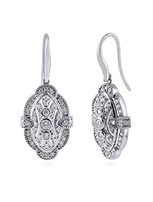 BERRICLE Sterling Silver Art Deco Cubic Zirconia CZ Milgrain Fish Hook Dangle Drop Earrings for Women, Rhodium Plated