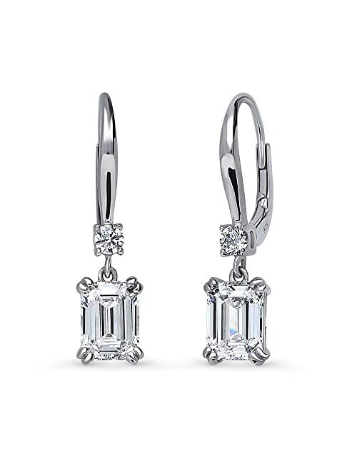 BERRICLE Sterling Silver Solitaire 3.4 Carat Emerald Cut Cubic Zirconia CZ Anniversary Leverback Dangle Drop Earrings for Women