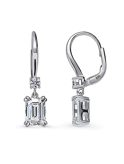 BERRICLE Sterling Silver Solitaire 3.4 Carat Emerald Cut Cubic Zirconia CZ Anniversary Leverback Dangle Drop Earrings for Women