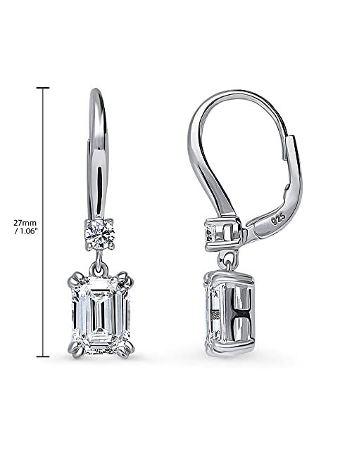 BERRICLE Sterling Silver Solitaire 3.4 Carat Emerald Cut Cubic Zirconia CZ Anniversary Leverback Dangle Drop Earrings for Women