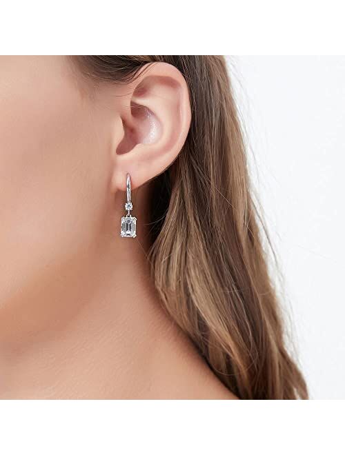 BERRICLE Sterling Silver Solitaire 3.4 Carat Emerald Cut Cubic Zirconia CZ Anniversary Leverback Dangle Drop Earrings for Women