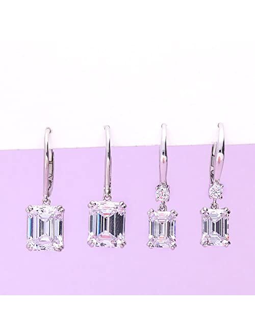 BERRICLE Sterling Silver Solitaire 3.4 Carat Emerald Cut Cubic Zirconia CZ Anniversary Leverback Dangle Drop Earrings for Women