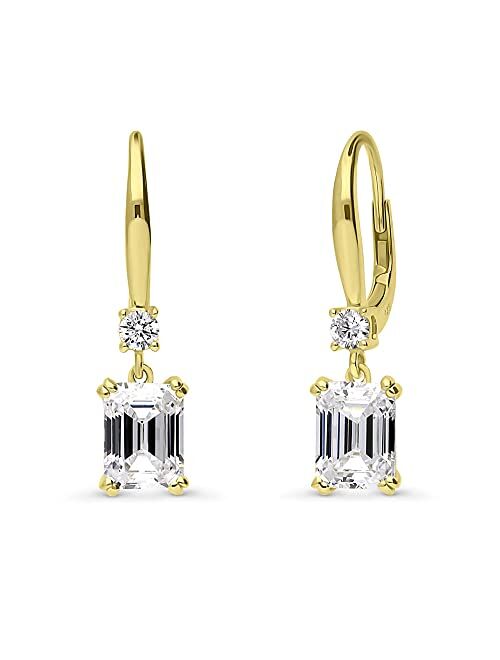 BERRICLE Sterling Silver Solitaire 3.4 Carat Emerald Cut Cubic Zirconia CZ Anniversary Leverback Dangle Drop Earrings for Women