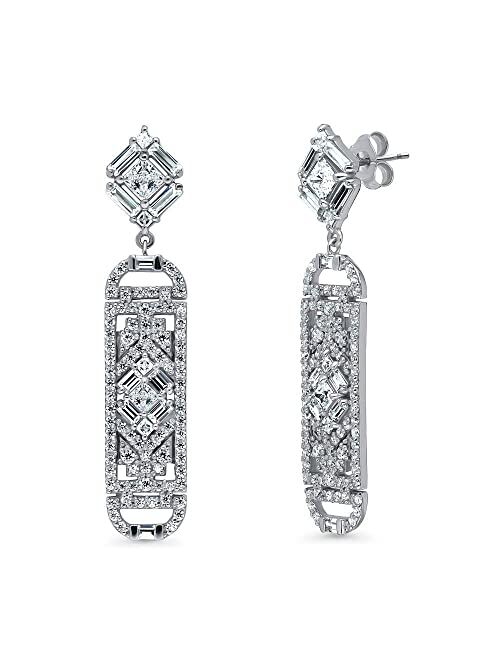 BERRICLE Sterling Silver Bar Cubic Zirconia CZ Art Deco Dangle Drop Earrings for Women, Rhodium Plated