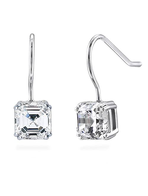 BERRICLE Sterling Silver Solitaire 3.2 Carat Asscher Cut Cubic Zirconia CZ Fish Hook Anniversary Dangle Drop Earrings for Women, Rhodium Plated