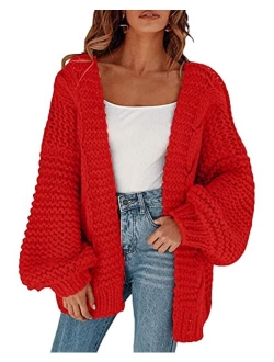 Women's Open Front Chunky Knit Cardigan Loose Lantern Sleeve Oversized Sweater Coats