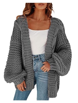 Women's Open Front Chunky Knit Cardigan Loose Lantern Sleeve Oversized Sweater Coats