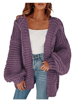 Women's Open Front Chunky Knit Cardigan Loose Lantern Sleeve Oversized Sweater Coats