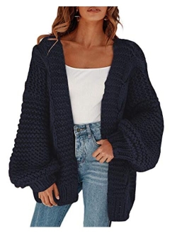 Women's Open Front Chunky Knit Cardigan Loose Lantern Sleeve Oversized Sweater Coats