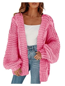 Women's Open Front Chunky Knit Cardigan Loose Lantern Sleeve Oversized Sweater Coats