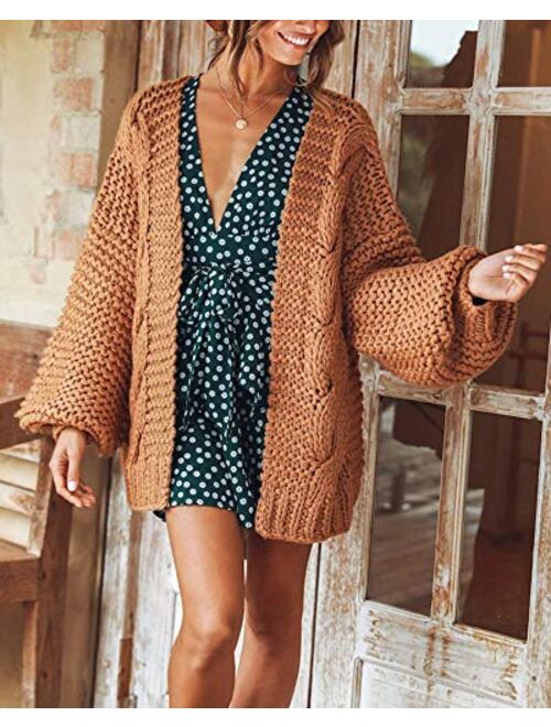 Cicy Bell Women's Open Front Chunky Knit Cardigan Loose Lantern Sleeve Oversized Sweater Coats