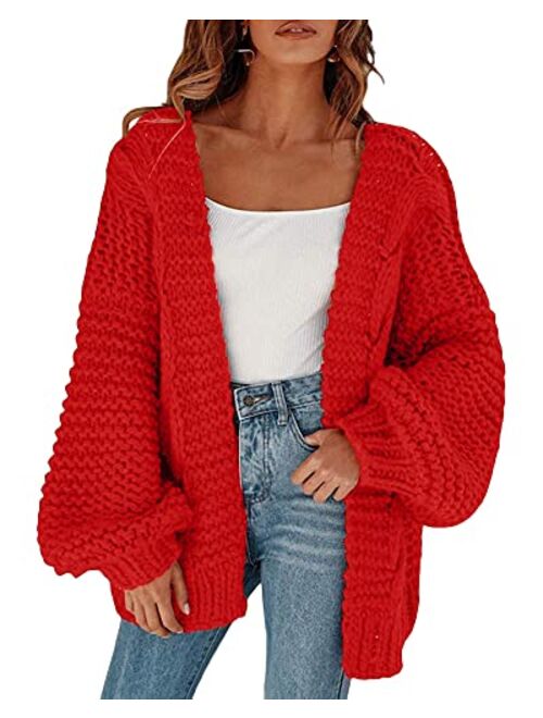 Cicy Bell Women's Open Front Chunky Knit Cardigan Loose Lantern Sleeve Oversized Sweater Coats