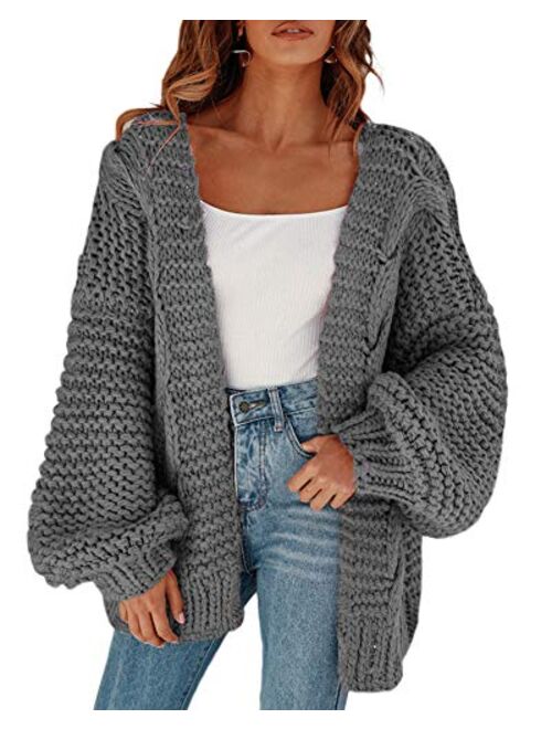 Cicy Bell Women's Open Front Chunky Knit Cardigan Loose Lantern Sleeve Oversized Sweater Coats