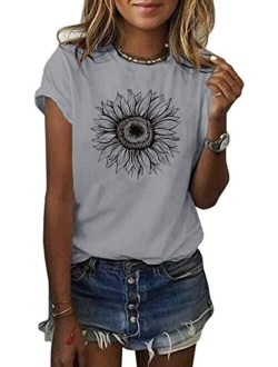 Women's Sunflower T Shirt Summer Short Sleeve Cute Graphic Loose Tees Tops