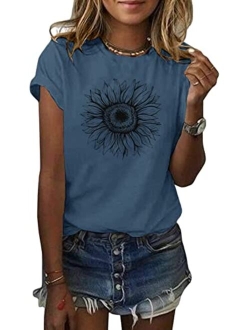 Women's Sunflower T Shirt Summer Short Sleeve Cute Graphic Loose Tees Tops