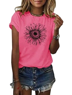 Women's Sunflower T Shirt Summer Short Sleeve Cute Graphic Loose Tees Tops