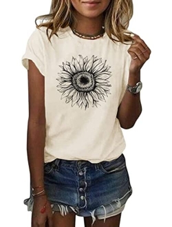 Women's Sunflower T Shirt Summer Short Sleeve Cute Graphic Loose Tees Tops