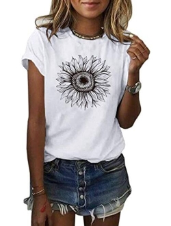 Women's Sunflower T Shirt Summer Short Sleeve Cute Graphic Loose Tees Tops