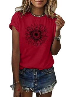 Women's Sunflower T Shirt Summer Short Sleeve Cute Graphic Loose Tees Tops