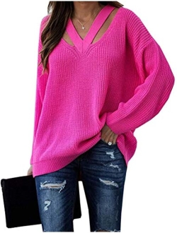 Women's V Neck Sweaters Hollow Out Long Sleeve Casual Knit Pullover Jumper Tops