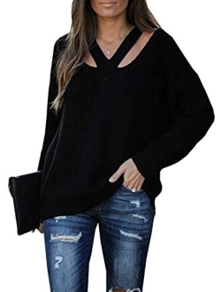 Women's V Neck Sweaters Hollow Out Long Sleeve Casual Knit Pullover Jumper Tops