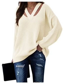 Women's V Neck Sweaters Hollow Out Long Sleeve Casual Knit Pullover Jumper Tops