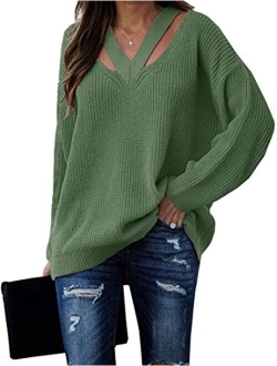 Women's V Neck Sweaters Hollow Out Long Sleeve Casual Knit Pullover Jumper Tops