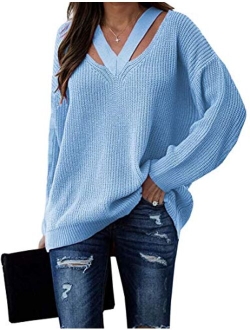 Women's V Neck Sweaters Hollow Out Long Sleeve Casual Knit Pullover Jumper Tops