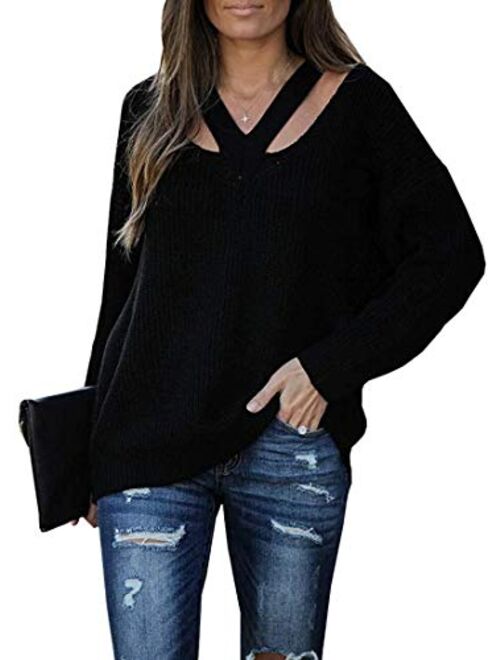 Cicy Bell Women's V Neck Sweaters Hollow Out Long Sleeve Casual Knit Pullover Jumper Tops