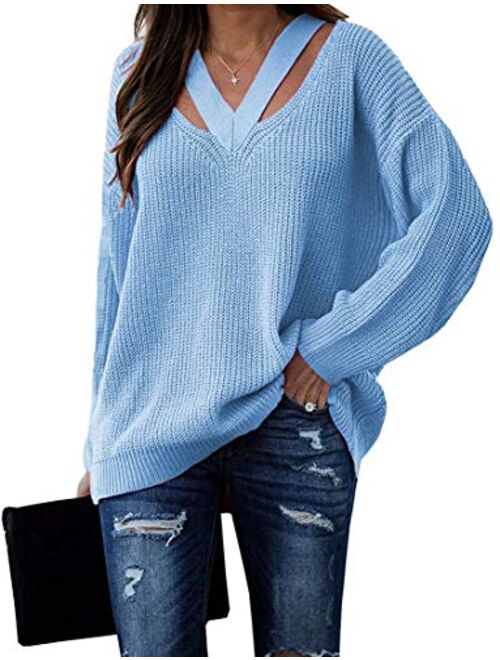 Cicy Bell Women's V Neck Sweaters Hollow Out Long Sleeve Casual Knit Pullover Jumper Tops