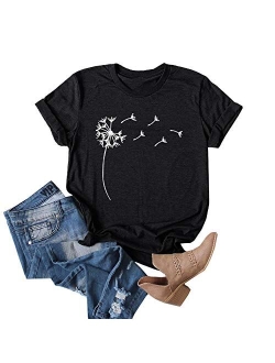 Women's Dandelion Print T Shirts Cute Graphic Tees Short Sleeve Summer Cotton Tee Tops