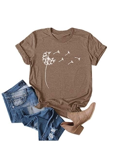 Women's Dandelion Print T Shirts Cute Graphic Tees Short Sleeve Summer Cotton Tee Tops