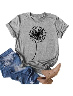 Women's Dandelion Print T Shirts Cute Graphic Tees Short Sleeve Summer Cotton Tee Tops