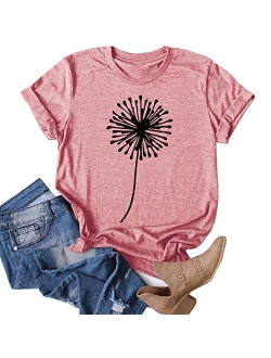 Women's Dandelion Print T Shirts Cute Graphic Tees Short Sleeve Summer Cotton Tee Tops