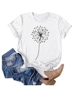 Women's Dandelion Print T Shirts Cute Graphic Tees Short Sleeve Summer Cotton Tee Tops