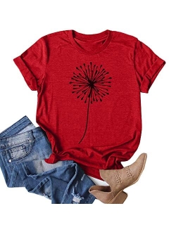 Women's Dandelion Print T Shirts Cute Graphic Tees Short Sleeve Summer Cotton Tee Tops